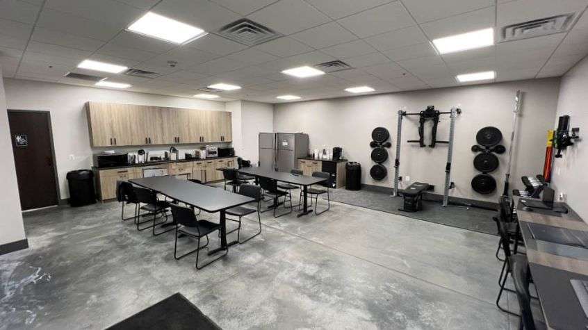 Employee break room and fitness area inside RPI’s new facility in Penns Grove