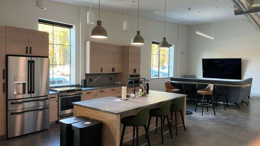 Modern employee kitchen and gathering space inside RPI’s new facility